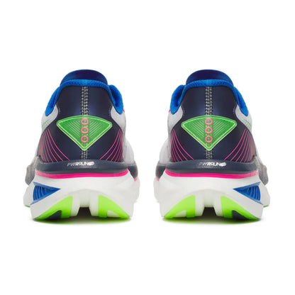 Back view of a pair of Saucony running shoes with colorful sole design on a white background