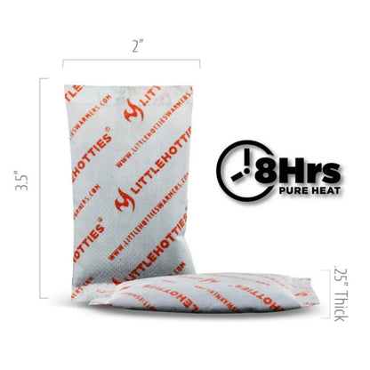 Heated pack with dimensions and '8Hrs Pure Heat' label on a white background