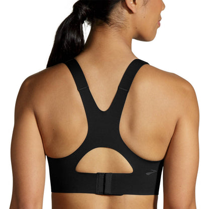 Rear view of a woman wearing a black sports bra with a wide underband and a small side logo, shown against a plain white background.