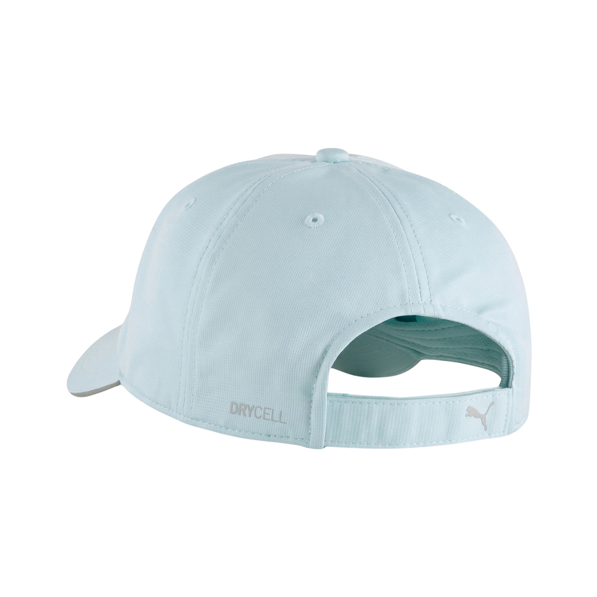 Light blue Puma cap with a silver logo and wording Drycell on a white background