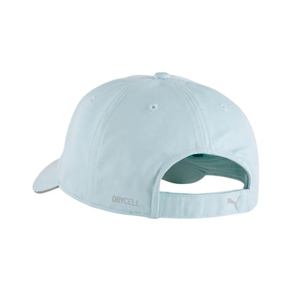 Light blue Puma cap with a silver logo and wording Drycell on a white background