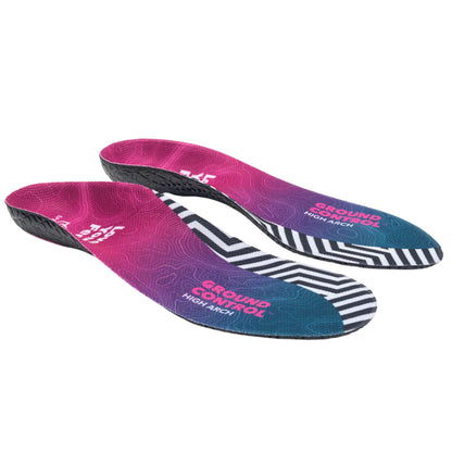 Three pairs of colorful insoles with 'Ground Control' branding on a white background.