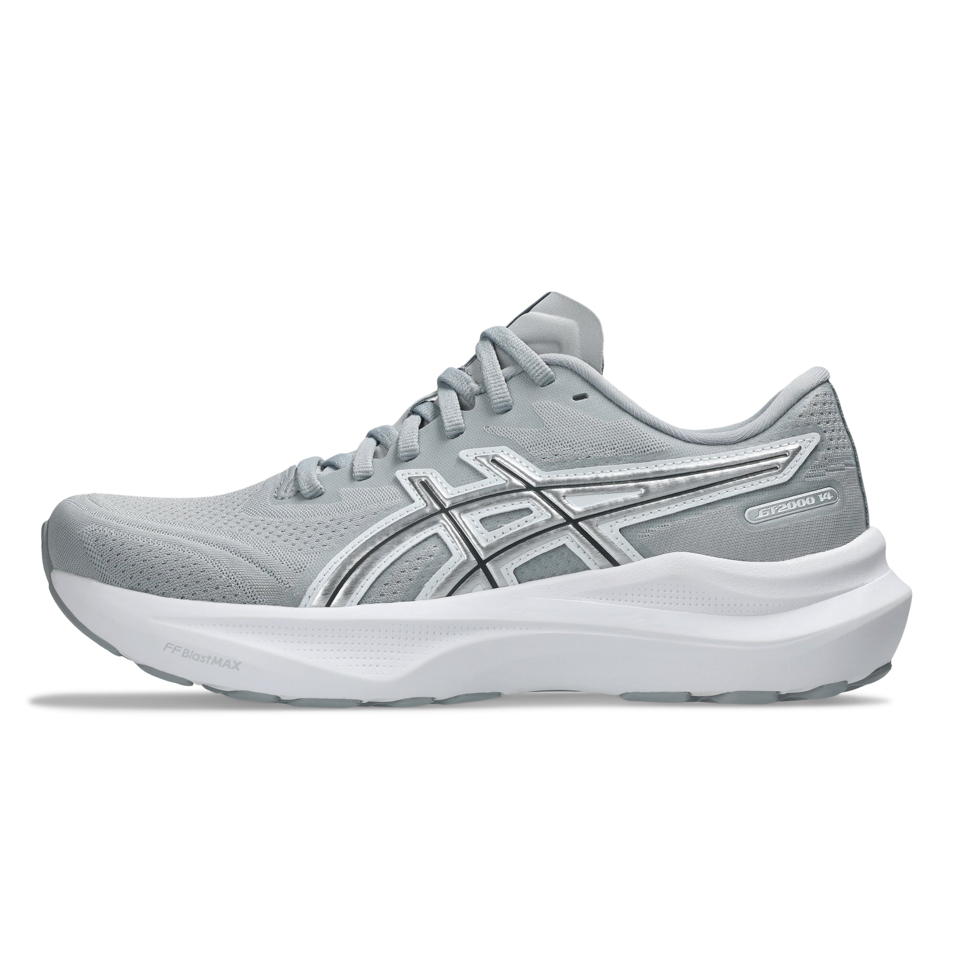 Gray running shoe with white sole on a white background