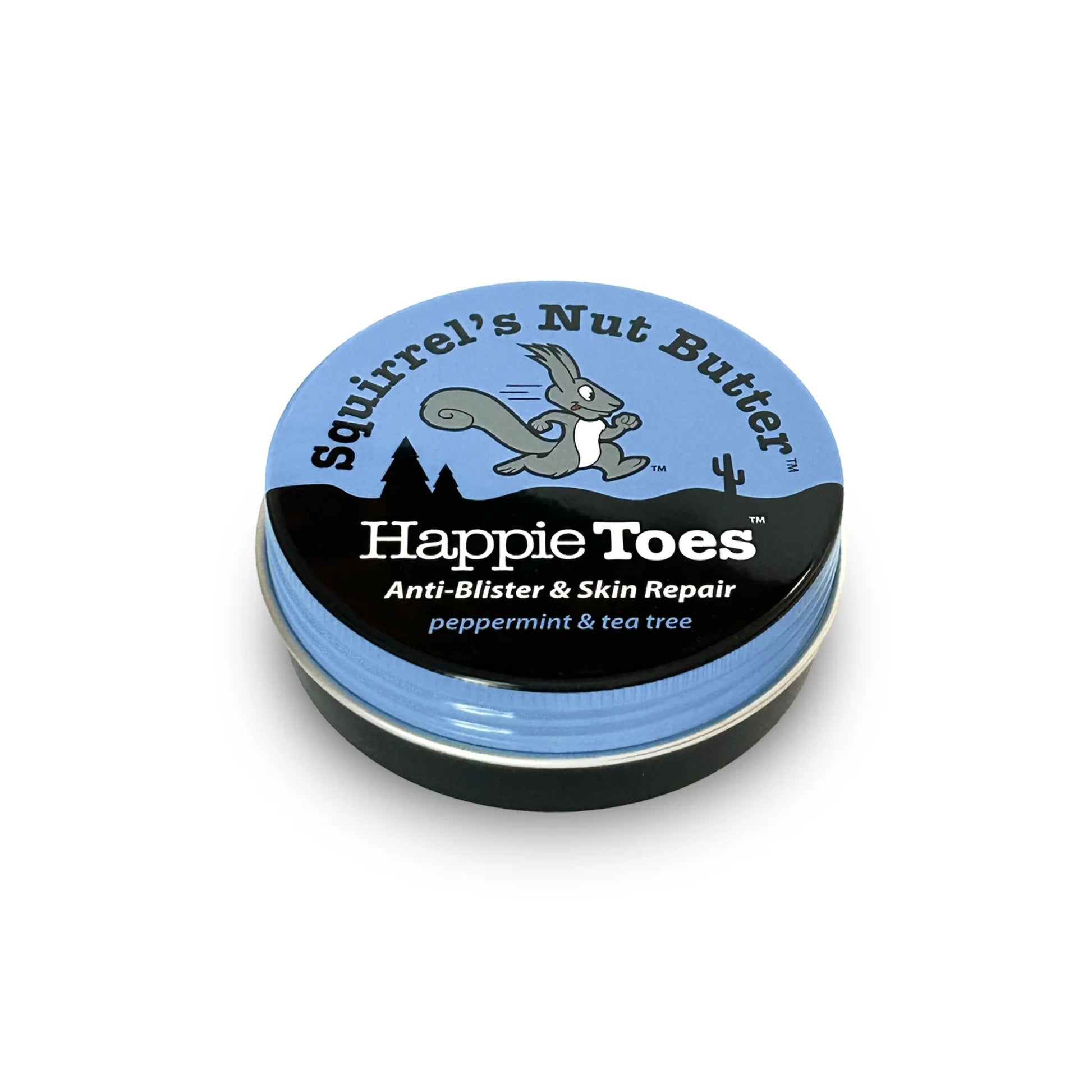 Happie Toes anti-blister and skin repair cream container with blue lid and black base on a white background