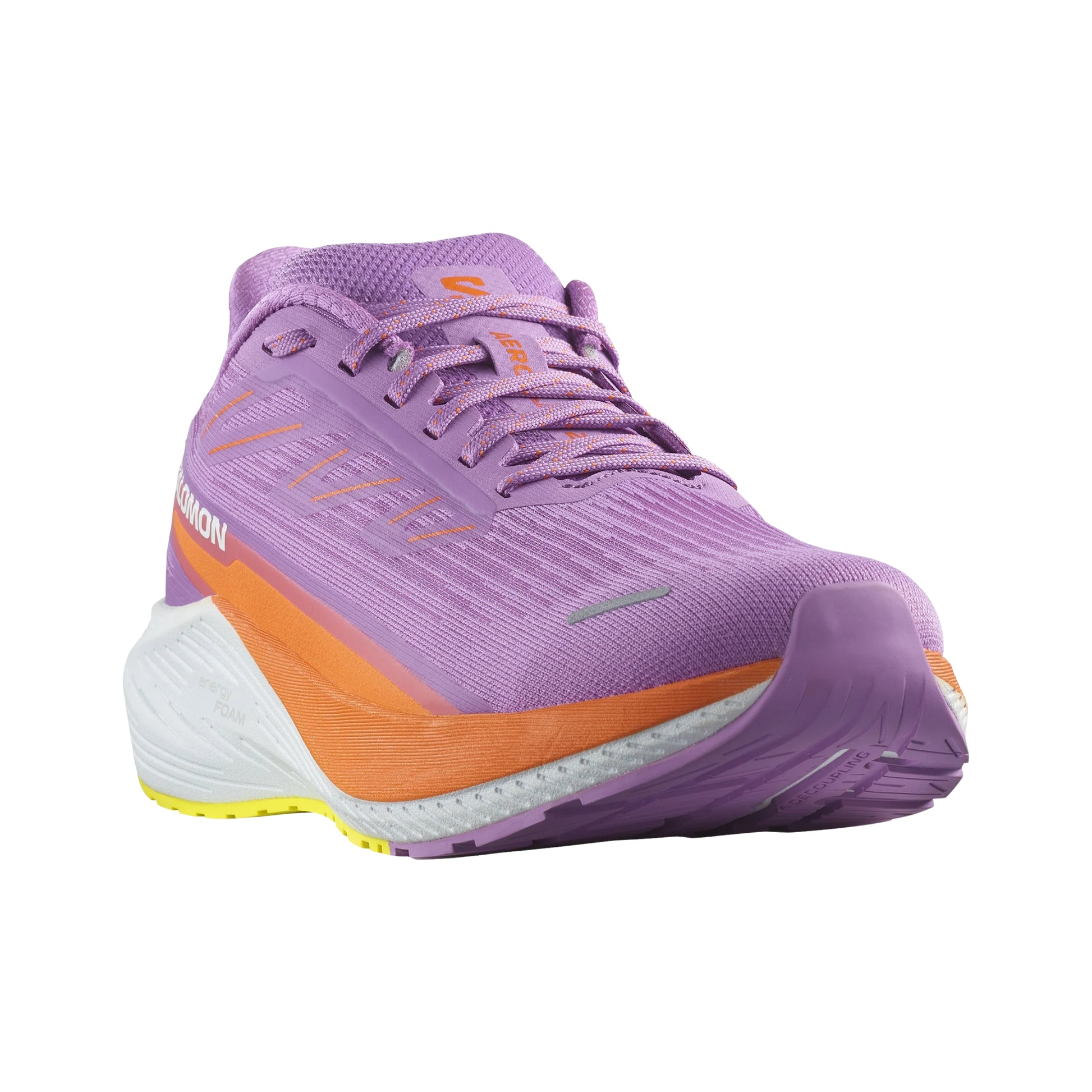 Purple Salomon running shoe with orange accents on a white background