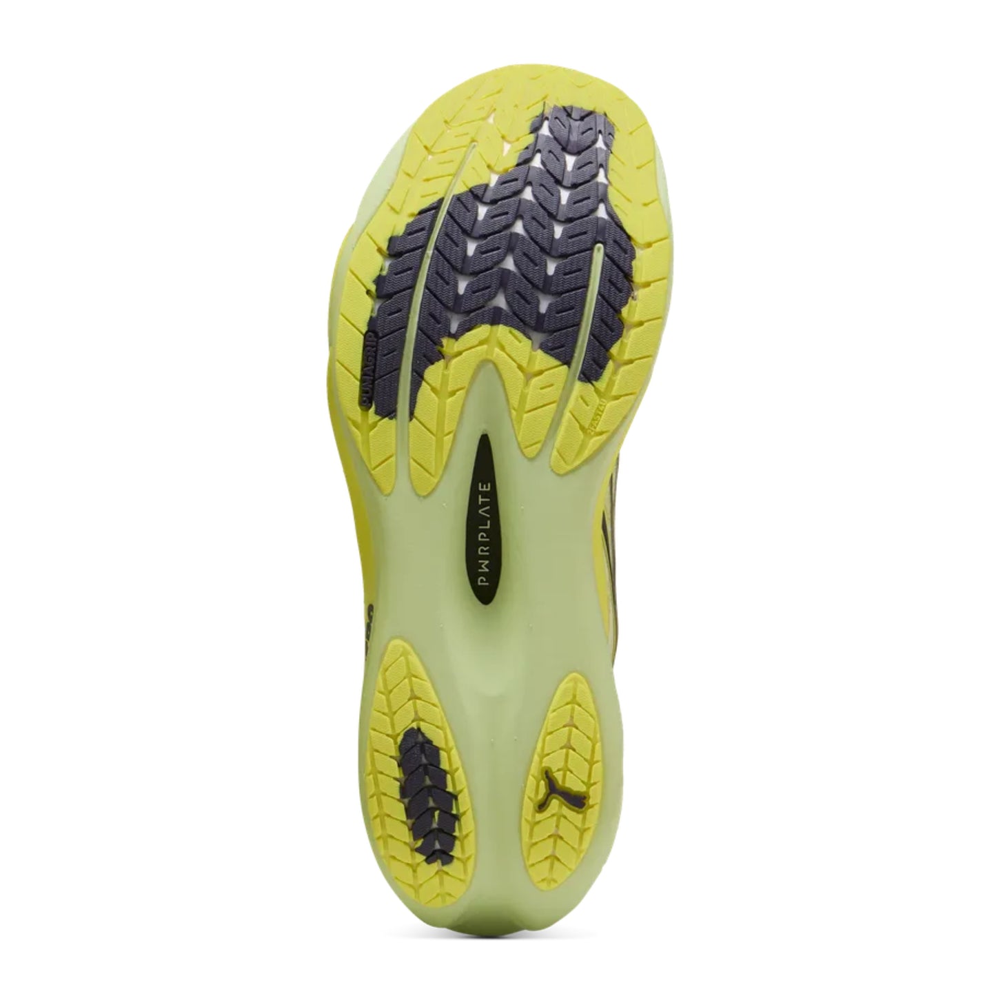 Yellow Puma running shoe sole with black pattern on a white background