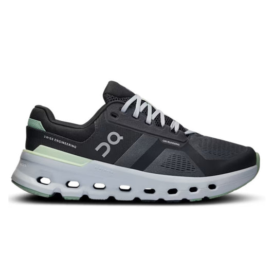 Black running shoe with white sole on a white background