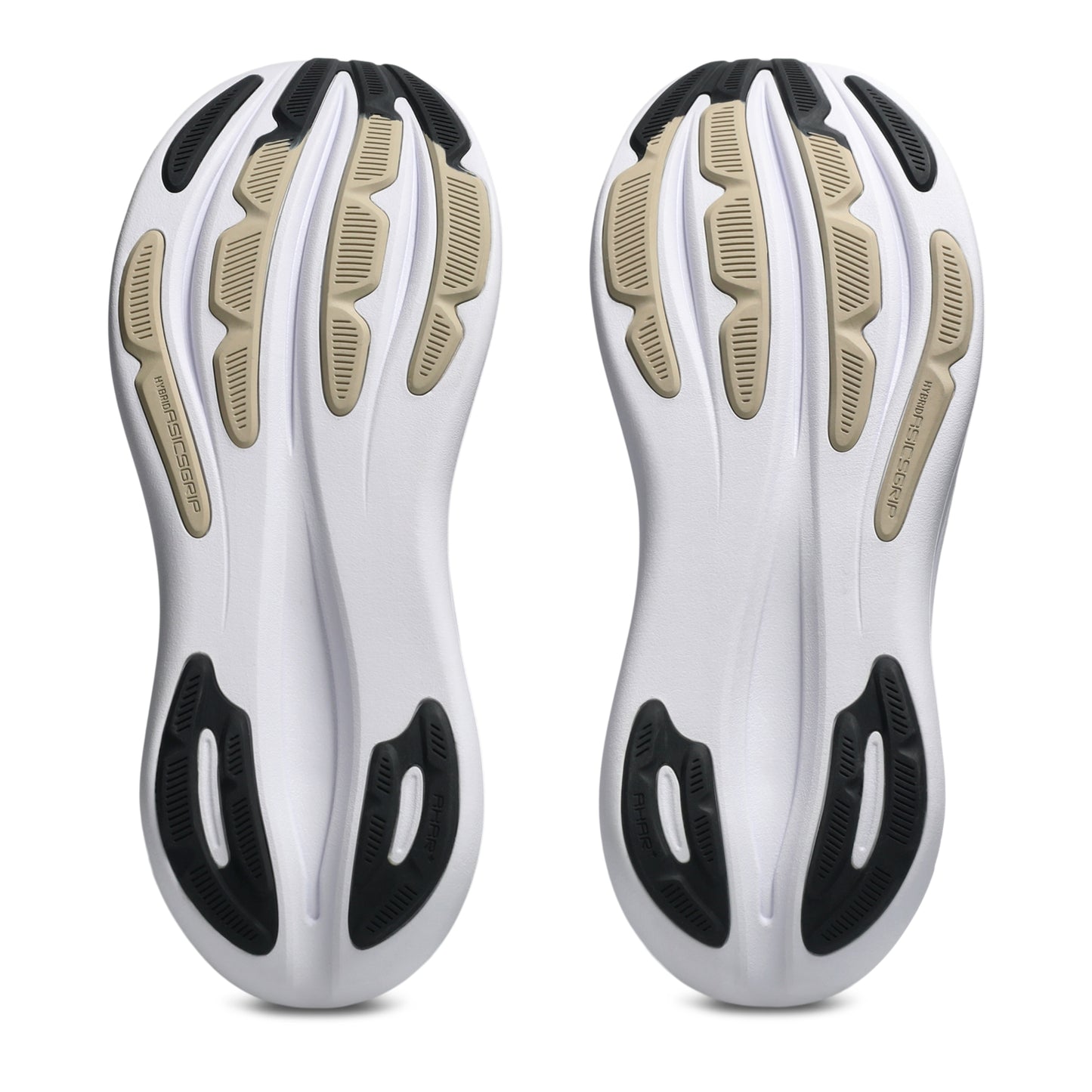 Close-up of white running shoes with black and beige accents on a white background