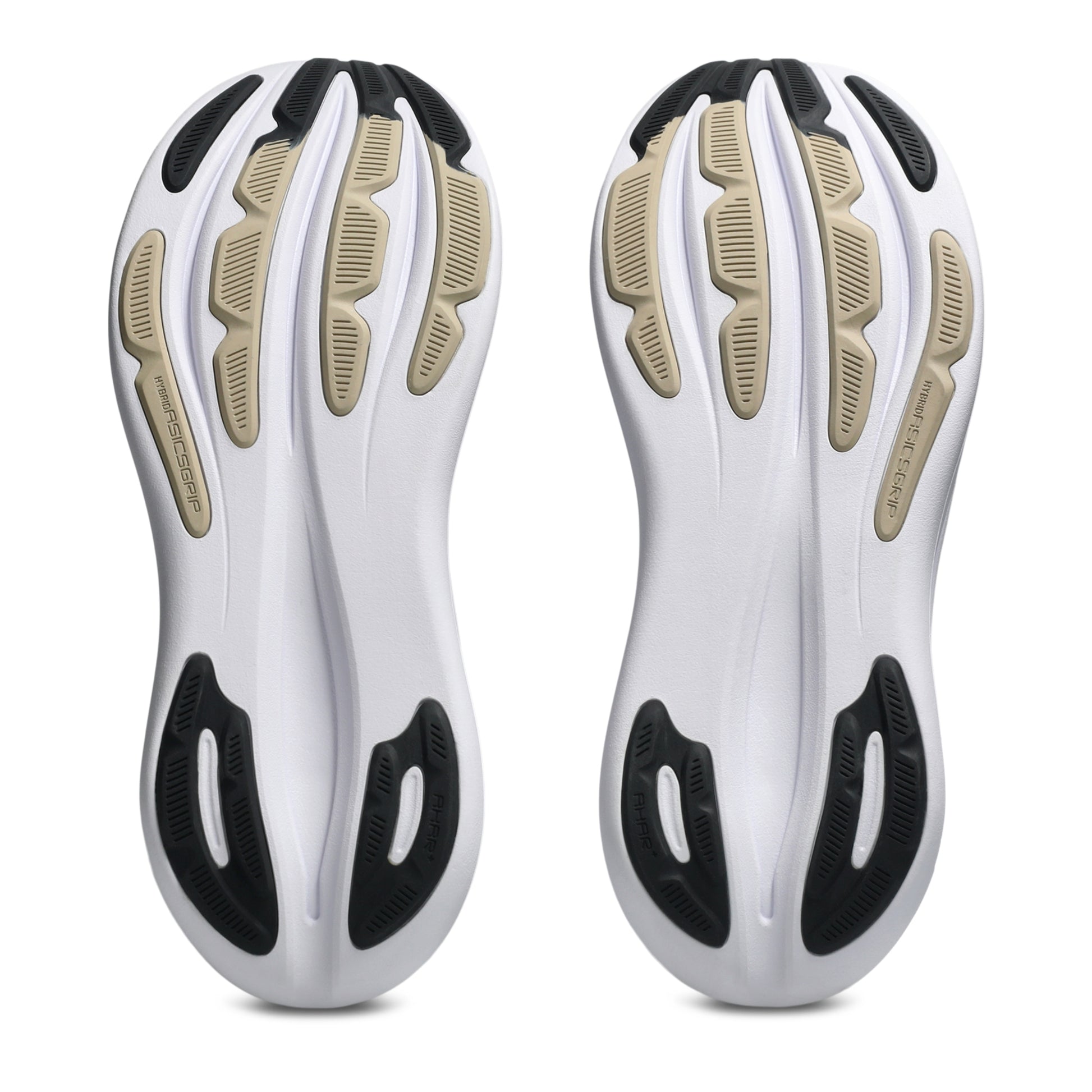 Close-up of white running shoes with black and beige accents on a white background