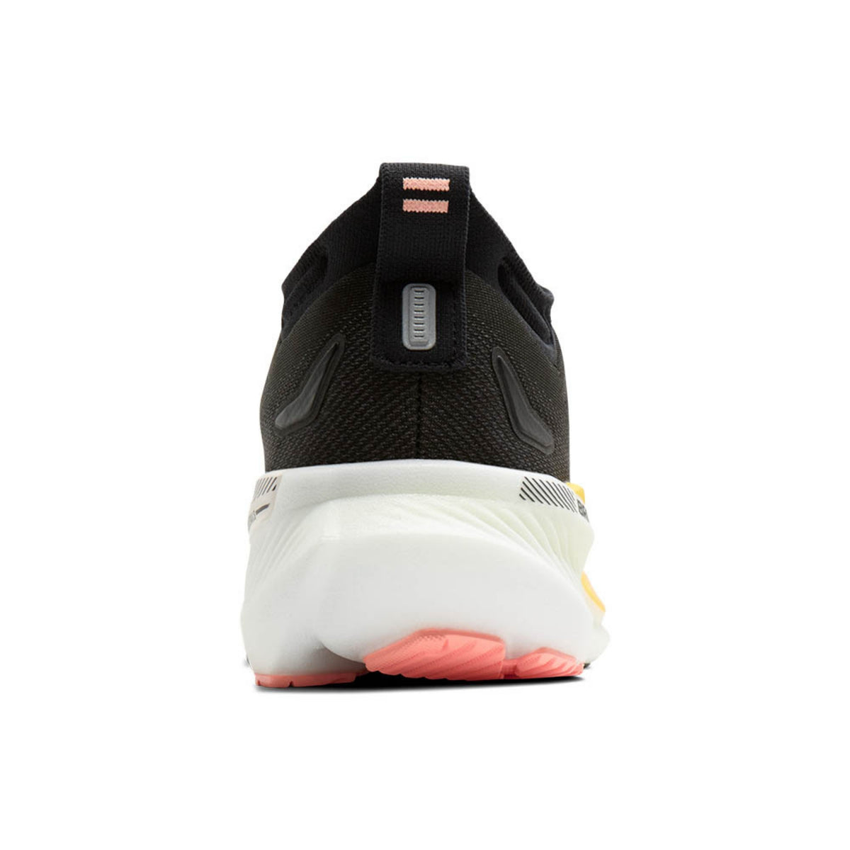 A rear view of a running shoe on a plain white background. The shoe features a black mesh upper, a thick white midsole, and coral pink accents on the outsole and heel pull tab.