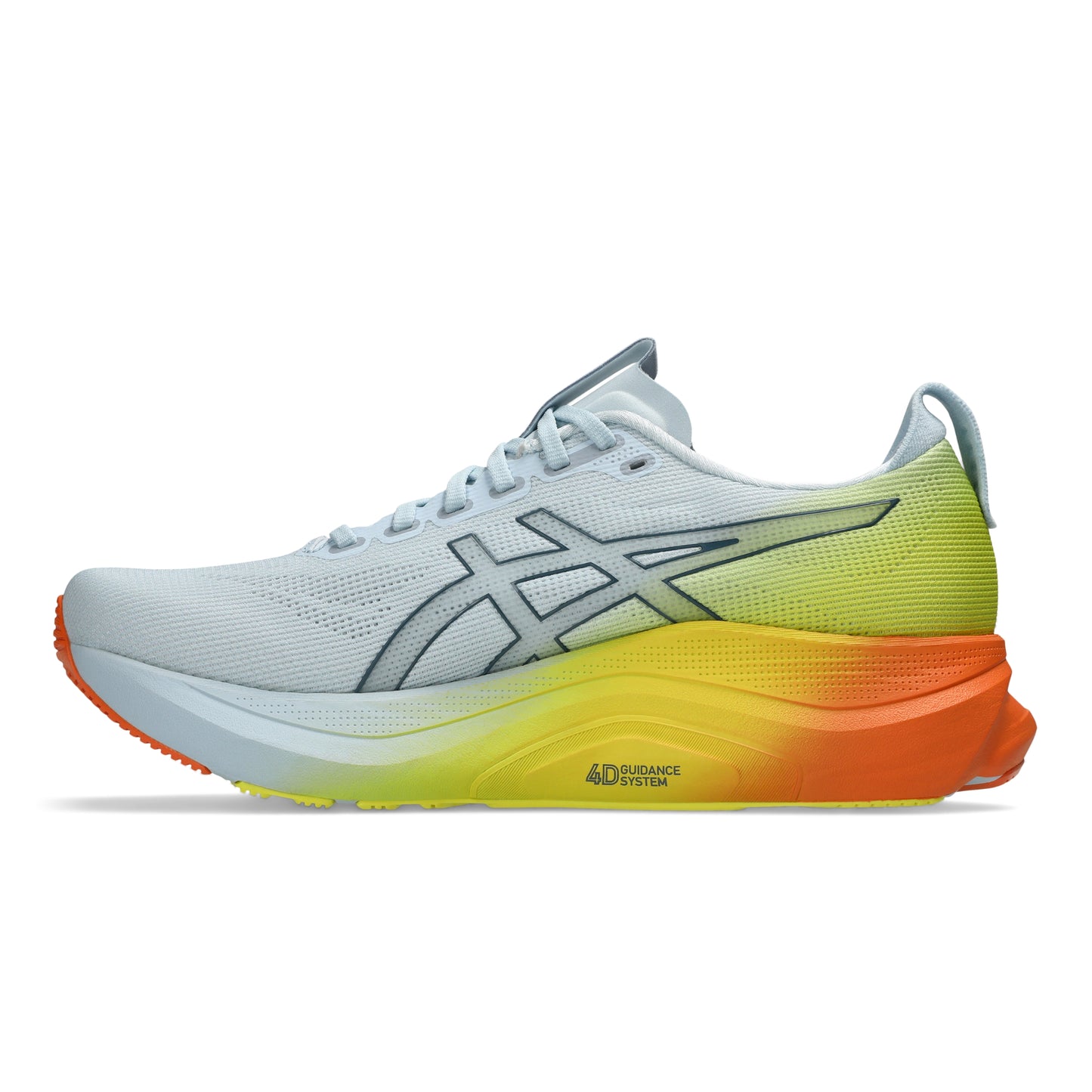 White and yellow Asics running shoe with orange accents on a white background