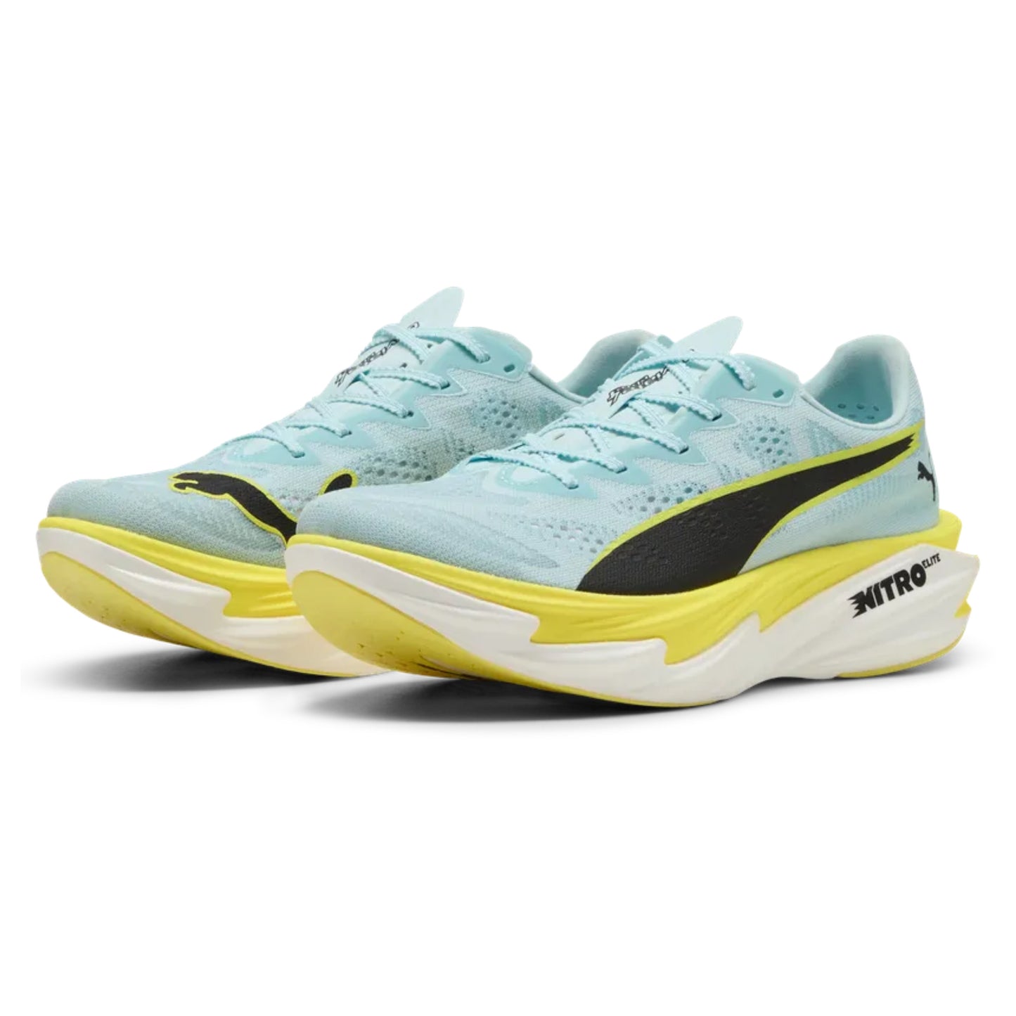 Light blue running shoes with yellow soles on a white background