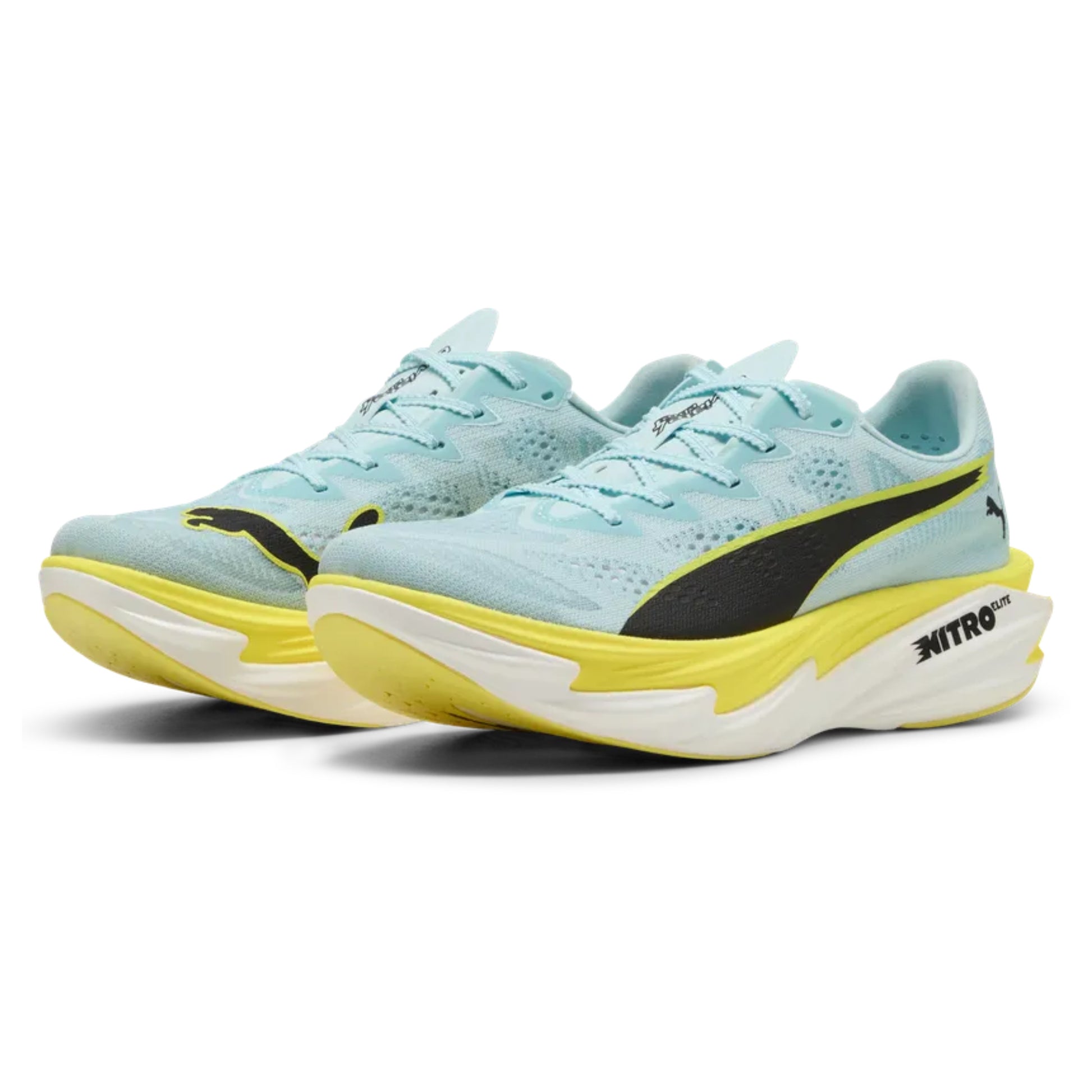 Light blue running shoes with yellow soles on a white background