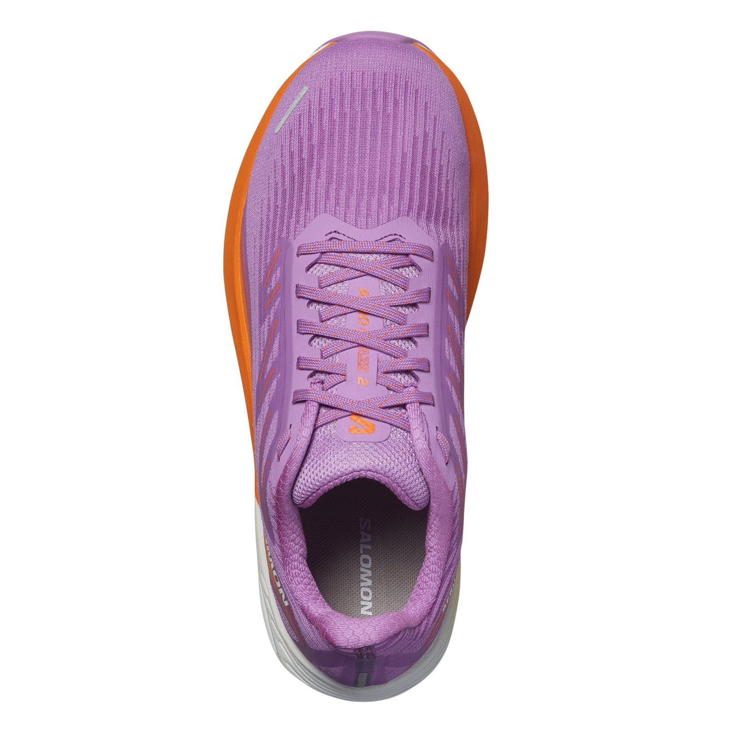 Purple Salomon running shoe with orange accents on a white background