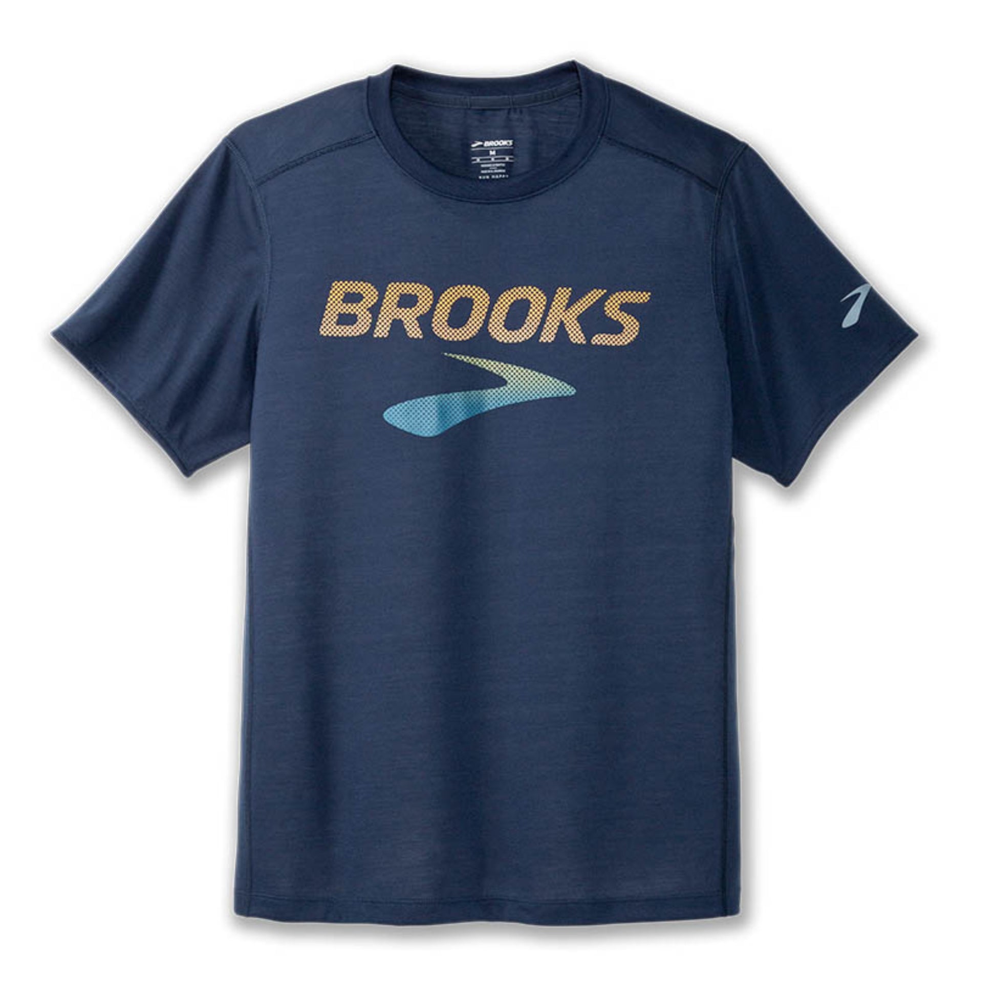 Navy blue t-shirt with 'Brooks' logo on a white background