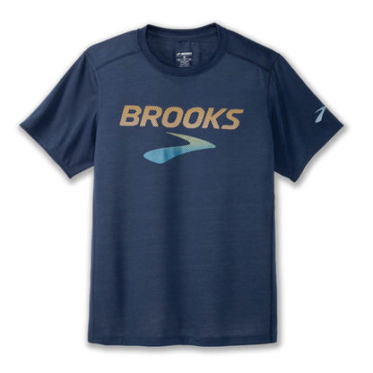 Navy blue t-shirt with 'Brooks' logo on a white background