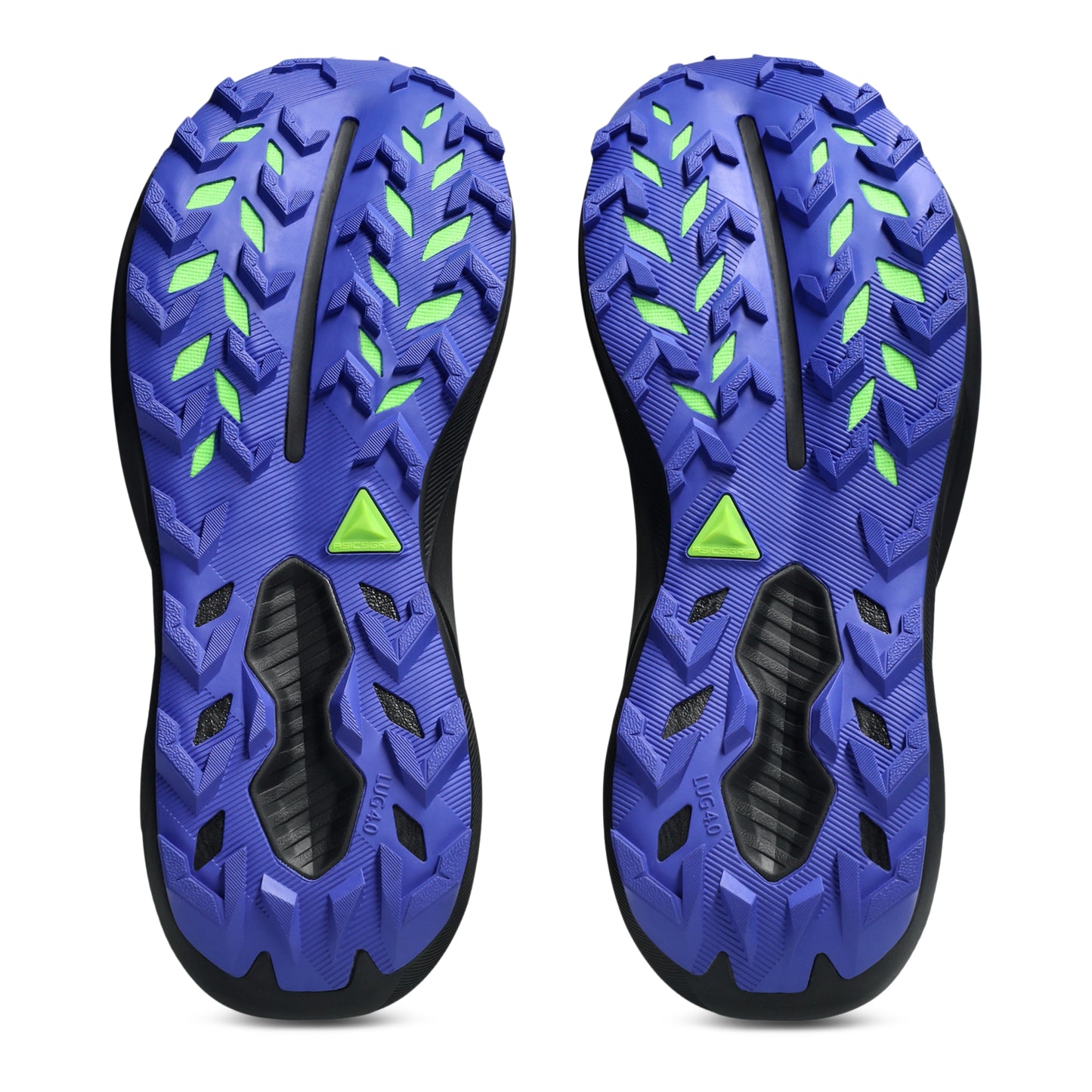 Blue and green sole of a shoe with textured pattern on a white background
