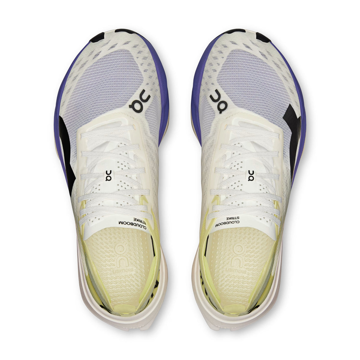 A pair of On running shoes shown from a top-down view, featuring a white mesh upper with purple and black accents, a white lace system, and a pale yellow cushioned sole.