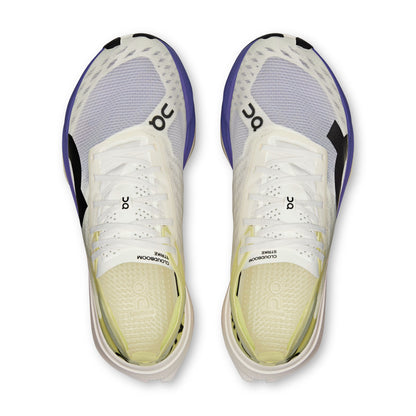 A pair of On running shoes shown from a top-down view, featuring a white mesh upper with purple and black accents, a white lace system, and a pale yellow cushioned sole.
