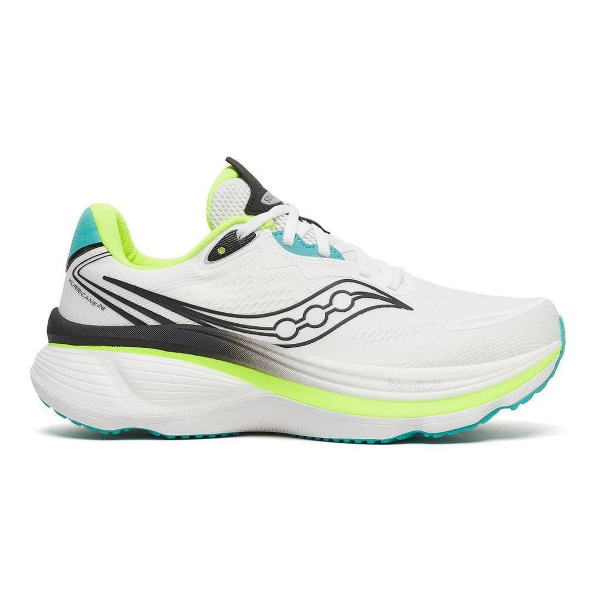 A Saucony running shoe in white with black and neon yellow-green accents, shown from a side profile on a white background.