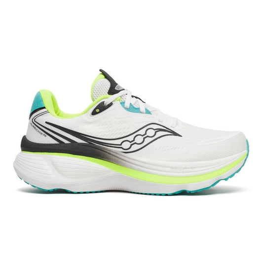A Saucony running shoe in white with black and neon yellow-green accents, shown from a side profile on a white background.