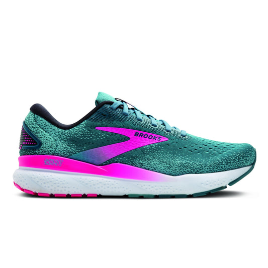 Blue and pink running shoe with 'Brooks' branding on a white background