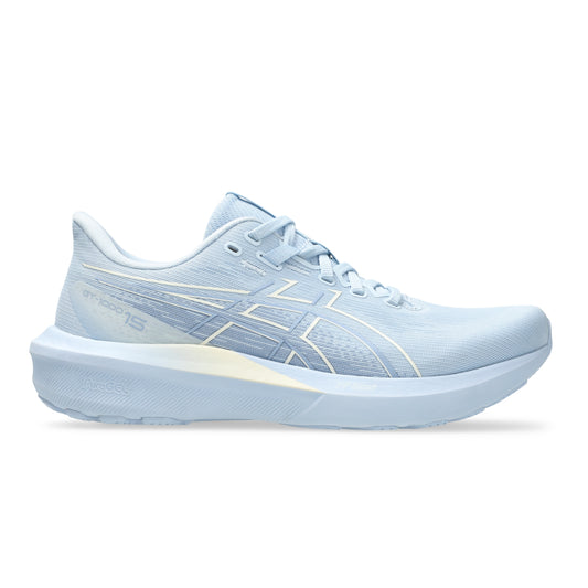 A light blue ASICS running shoe shown in a side profile view against a plain white background.