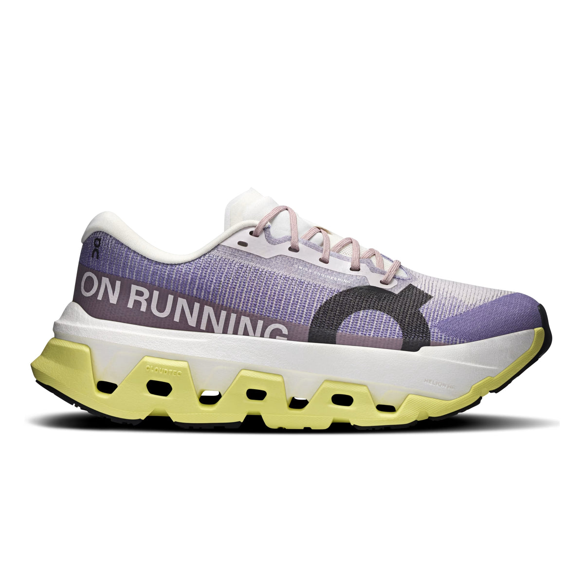 A single running shoe shown in a side profile on a white background. The shoe features a purple and white knit upper, a thick white midsole with a bright yellow-green outsole, and the words 'ON RUNNING' printed on the side.