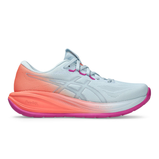 Light blue Asics running shoe with pink and orange sole on a white background