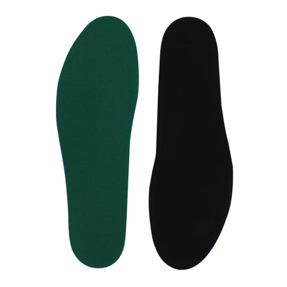 Green and black shoe insoles on a white background