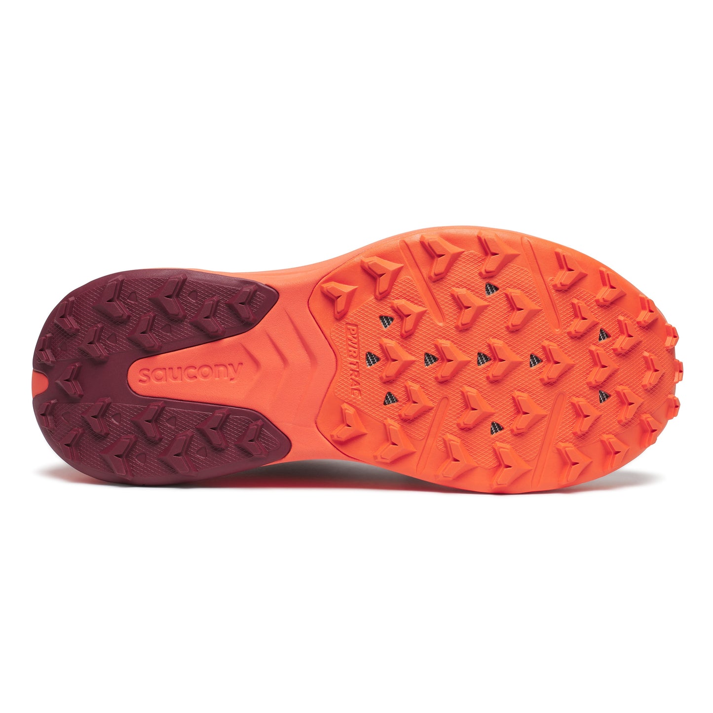 Close-up of a shoe sole with orange and maroon tread pattern on a white background