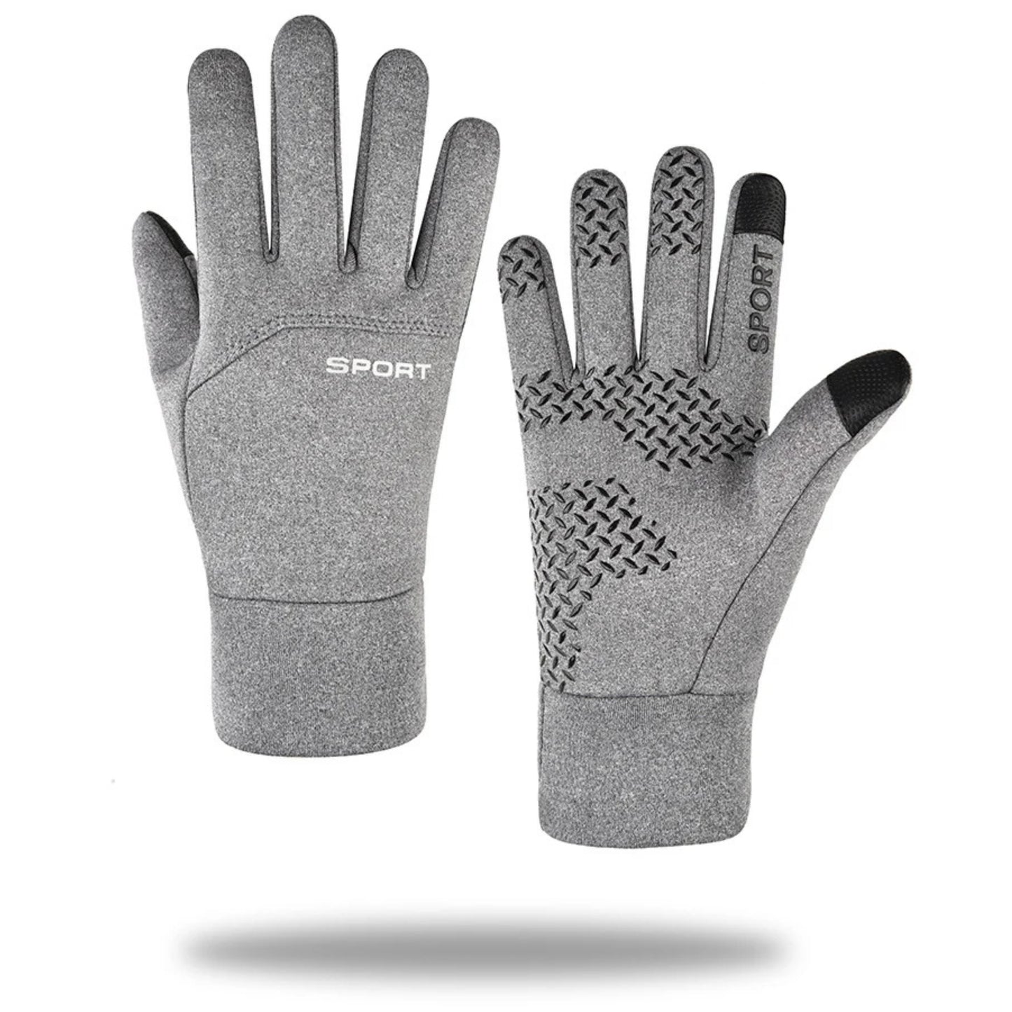 Pair of gray gloves with textured palm on a white background