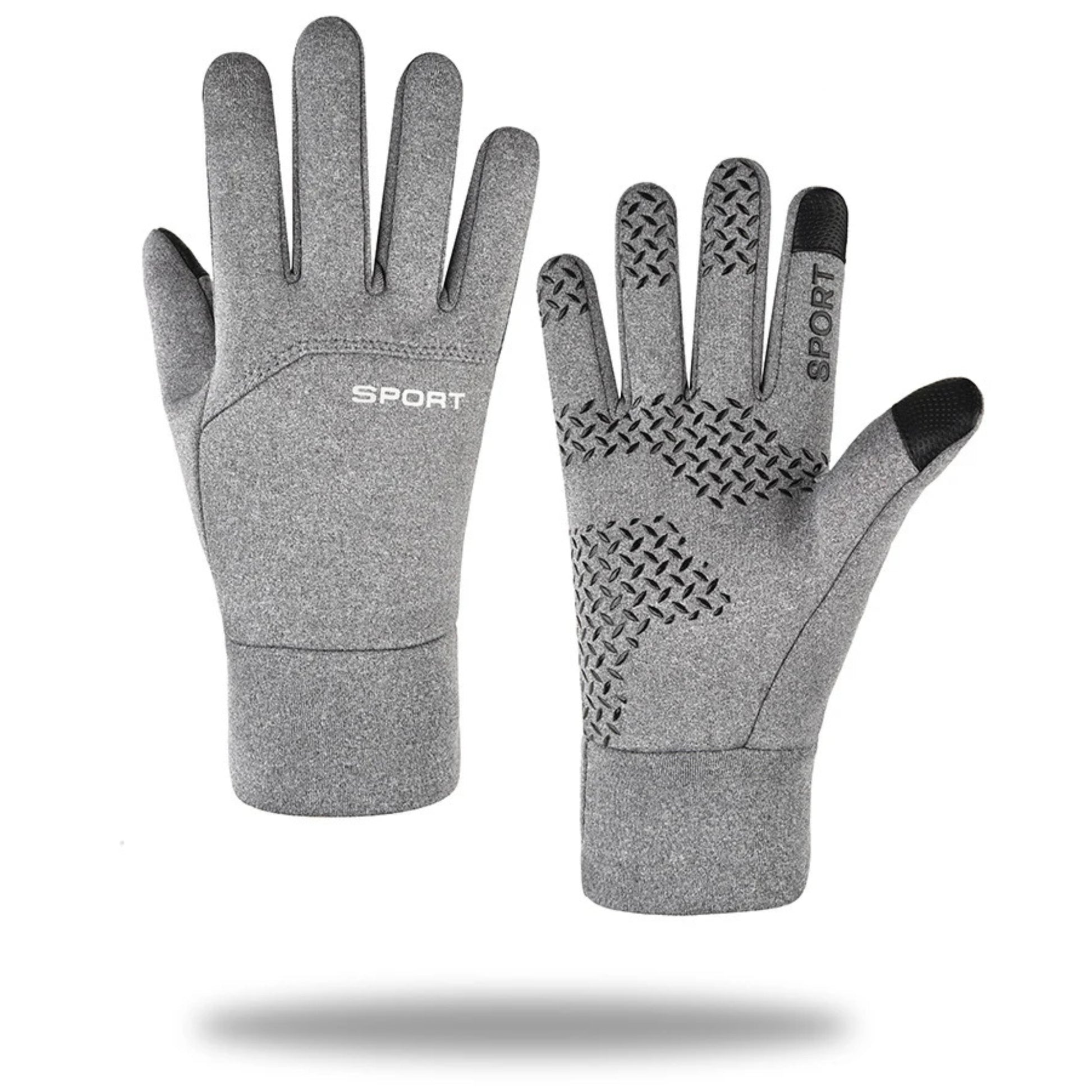 Pair of gray gloves with textured palm on a white background