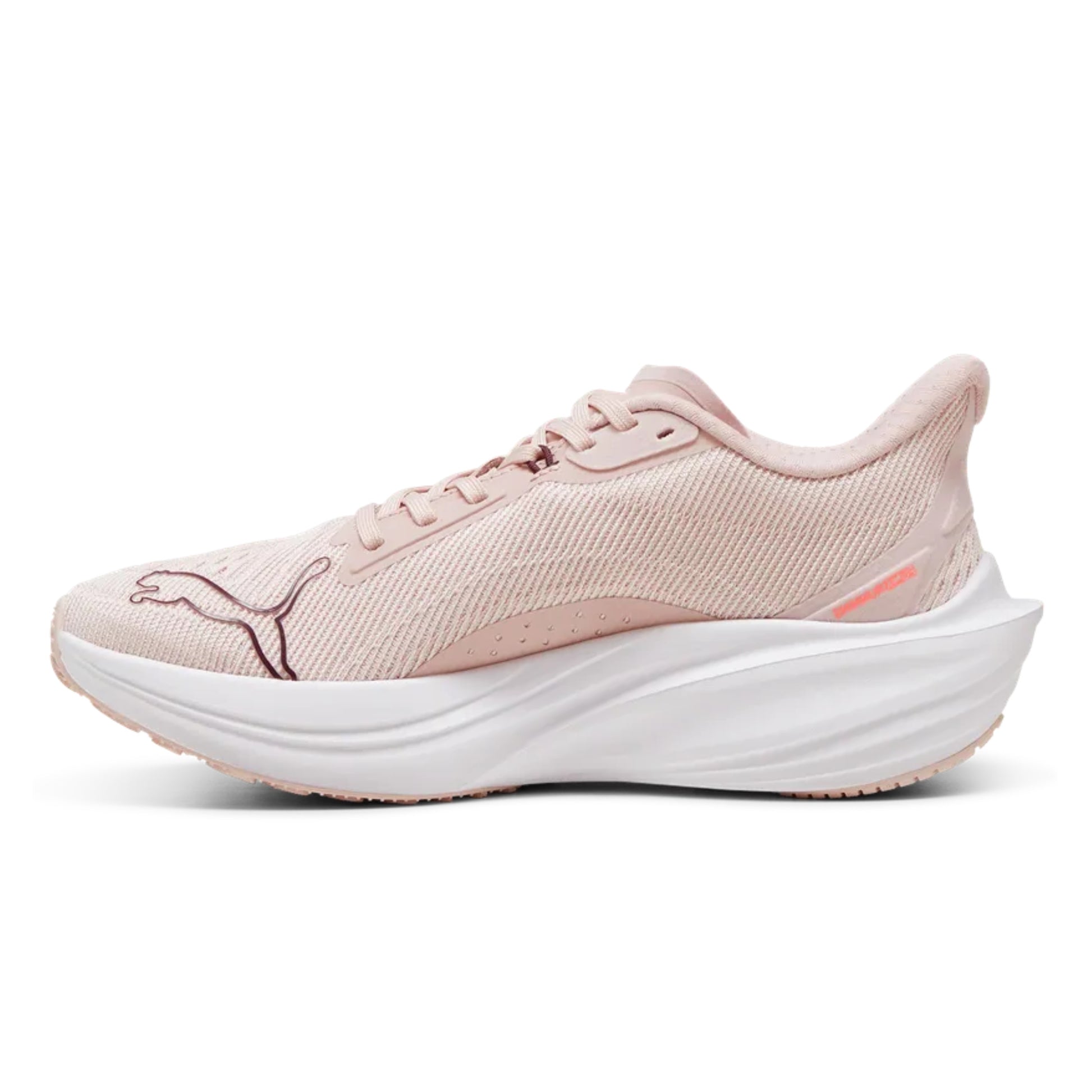 Pink Puma running shoe with white sole on a white background
