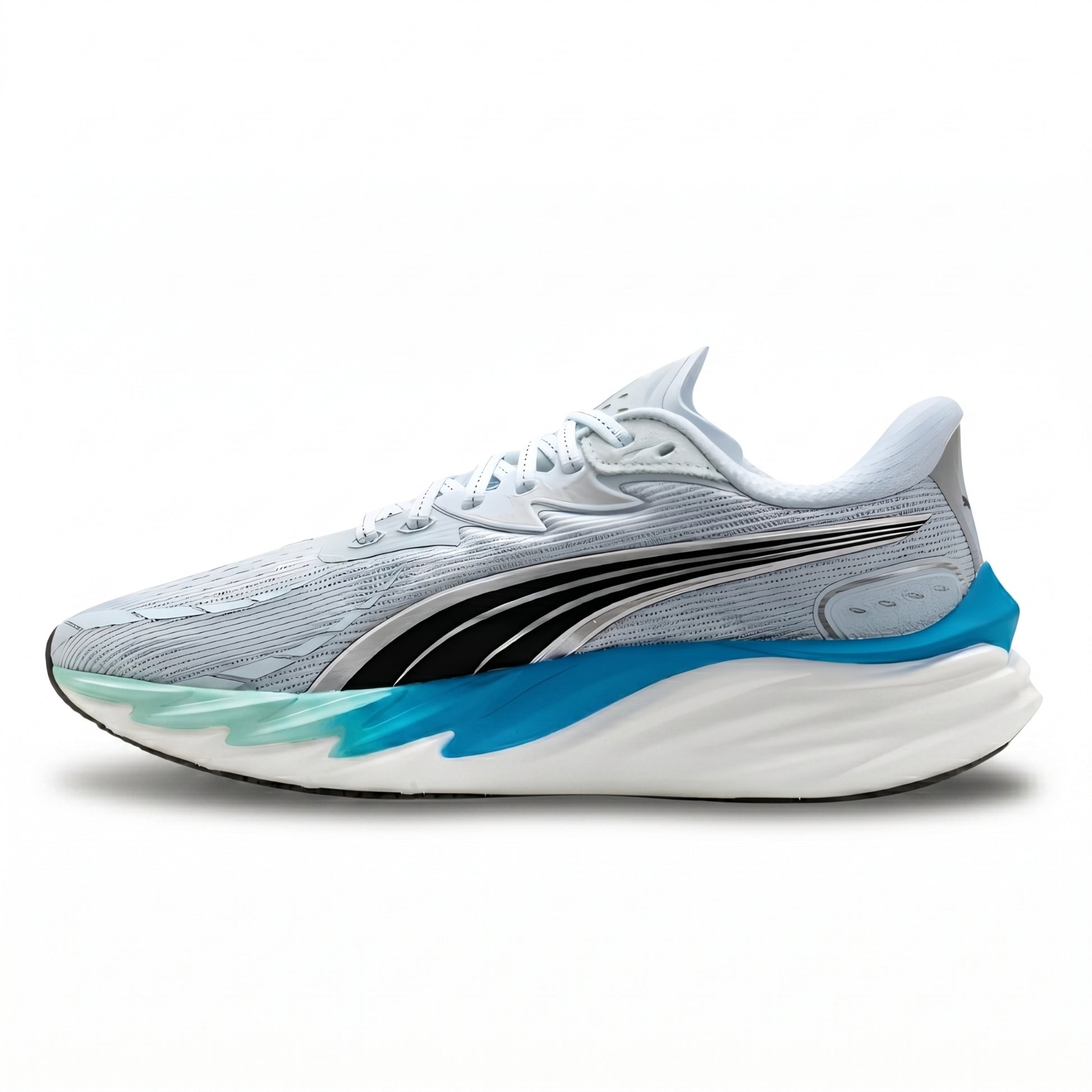 White Puma running shoe with blue sole on a white background