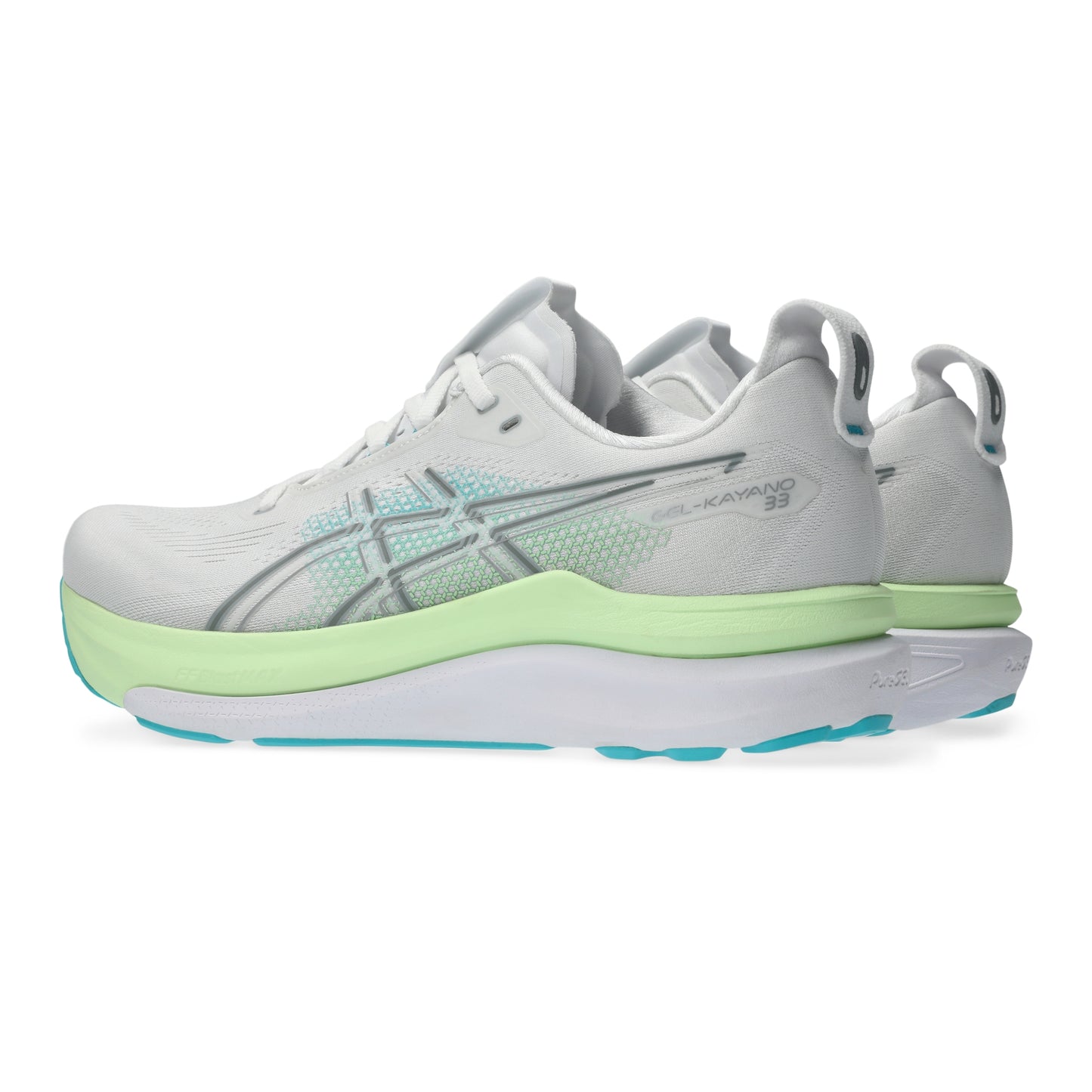 White Asics running shoe with green sole on a white background
