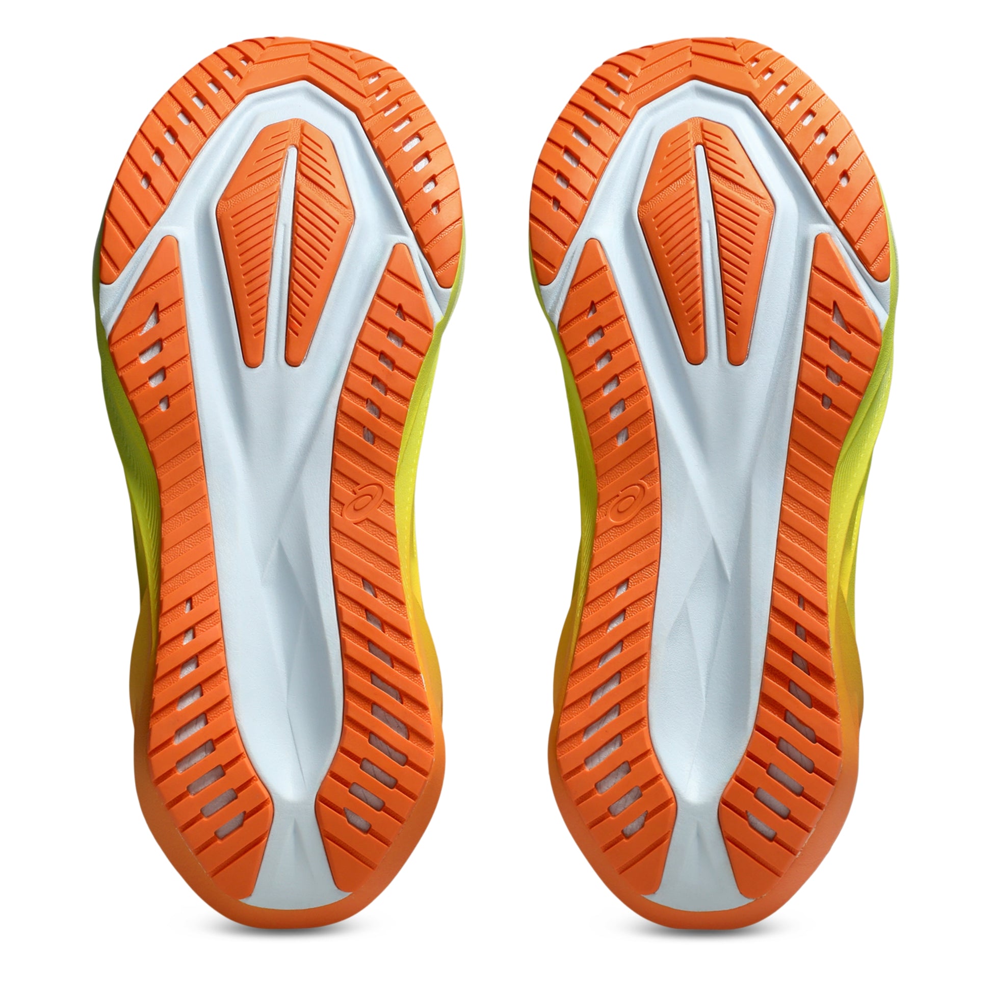 Bottom view of a Asics running orange shoe sole with a tread pattern on a white background