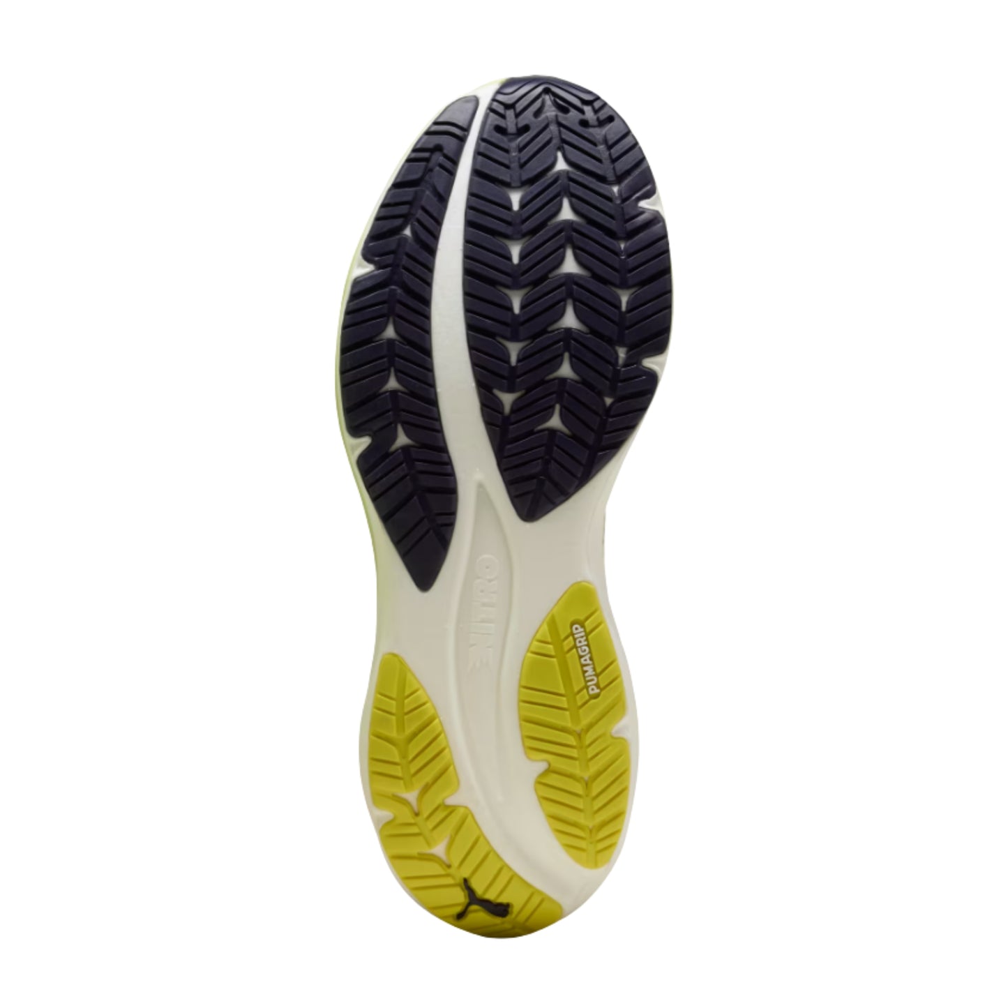 Close-up of a Puma running shoe sole with a white, yellow, and black design on a white background