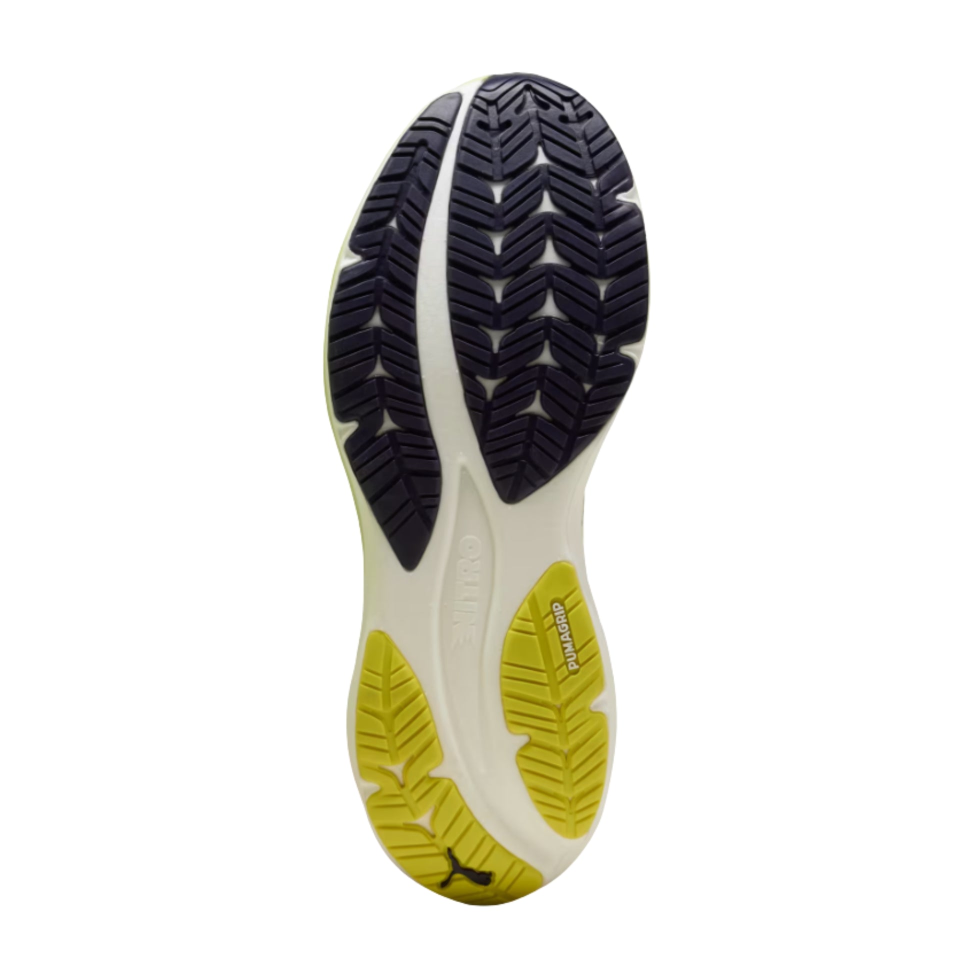Close-up of a Puma running shoe sole with a white, yellow, and black design on a white background