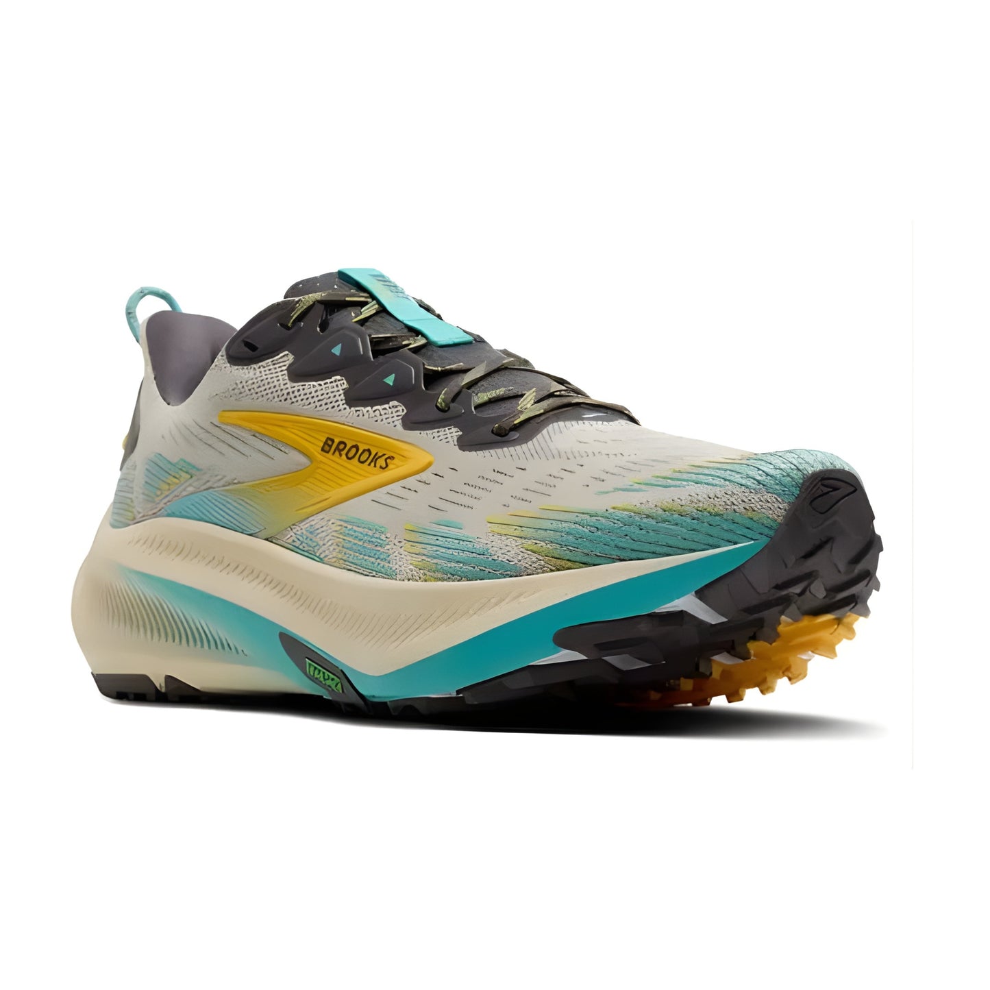 Brooks running shoe with multicolor design on a white background