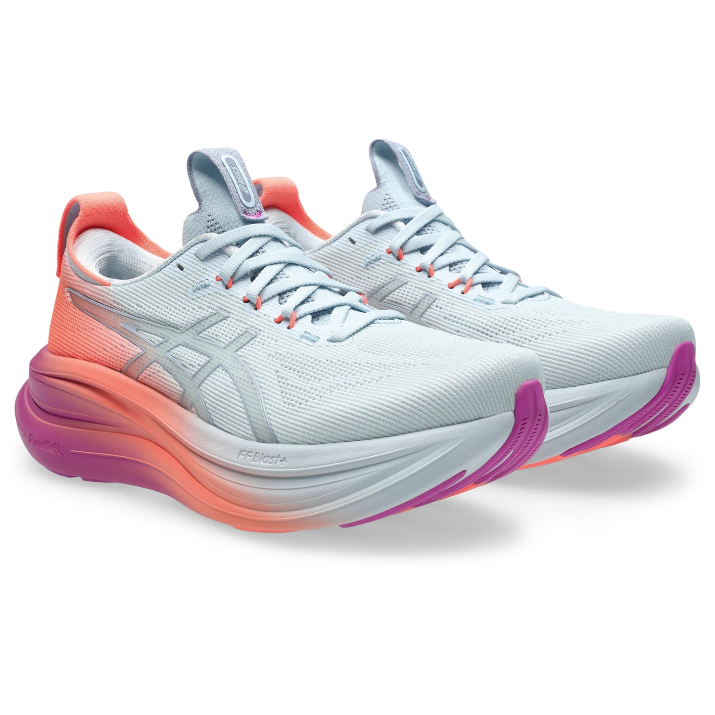 Pair of White, coral and pink Asics running shoe on a white background